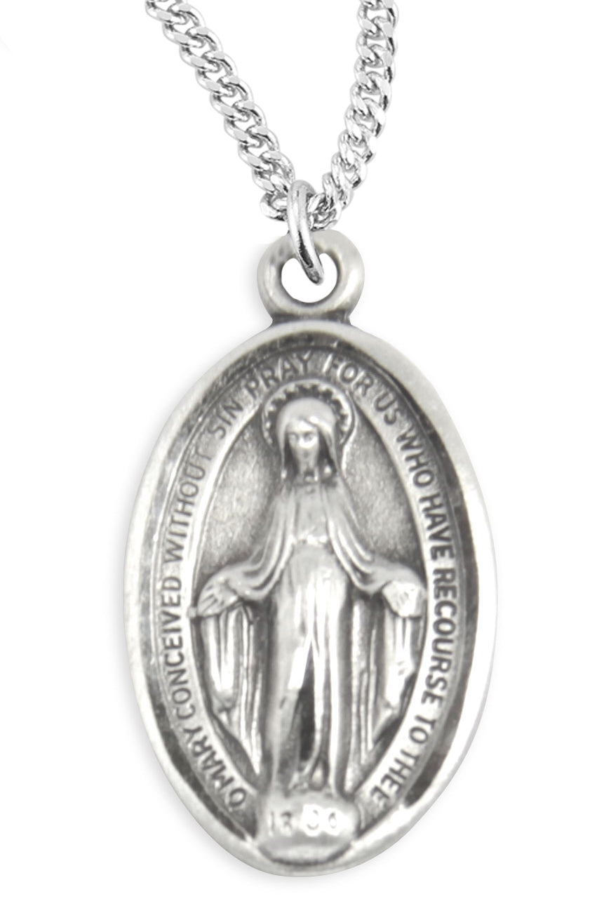 Women's Sterling Silver Simple Oval Miraculous Necklace with Chain Option - 18&quot; 1.8mm Sterling Silver Chain + Clasp