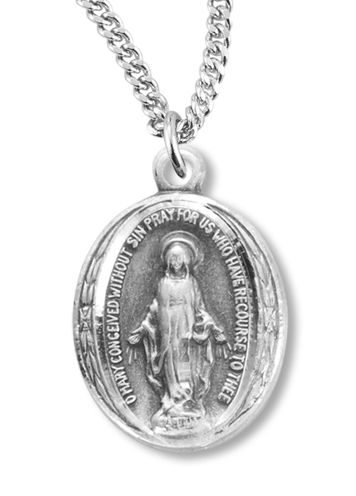 Dainty Women's Oval Sterling Silver Miraculous Necklace with Chain Options - 18&quot; 1.8mm Sterling Silver Chain + Clasp