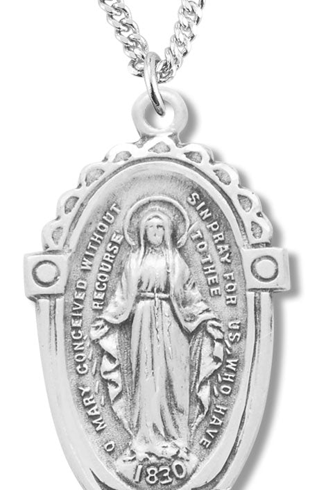 Women's Sterling Silver Miraculous Oval Necklace with Chain Options - 18&quot; 1.8mm Sterling Silver Chain + Clasp