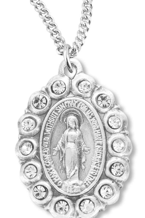 Women's Miraculous Necklace with Clear Crystal Stones Oval Sterling Silver with Chain Options - 18&quot; 1.8mm Sterling Silver Chain + Clasp
