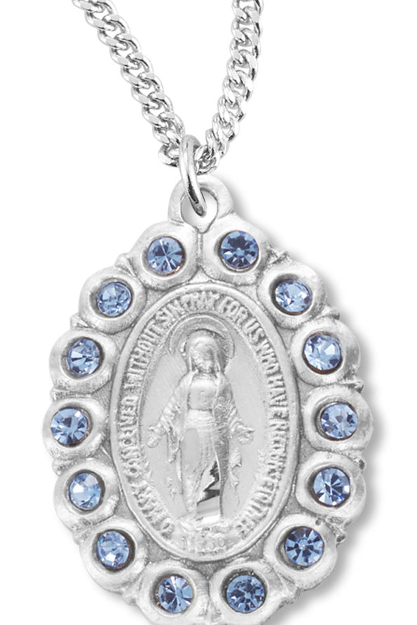 Women's Miraculous Necklace Oval with Blue Colored Stones Sterling Silver with Chain Options