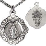Women's Sterling Silver Floral Edge Miraculous Pendant  with Chain Options - 18&quot; 1.8mm Sterling Silver Chain + Clasp
