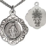 Women's Sterling Silver Floral Edge Miraculous Pendant  with Chain Options - 18&quot; 1.8mm Sterling Silver Chain + Clasp