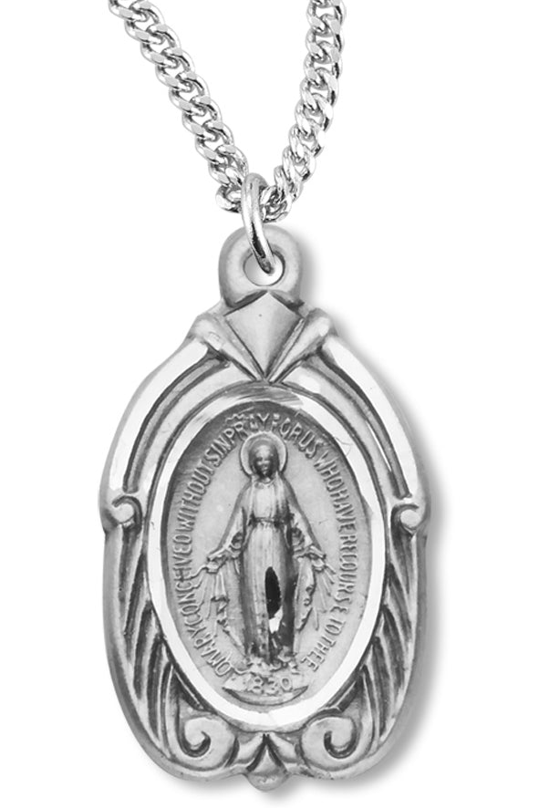 Women's Sterling Silver Miraculous Necklace w/ Scrolls Deep Carvings with Chain Options - 18&quot; 1.8mm Sterling Silver Chain + Clasp