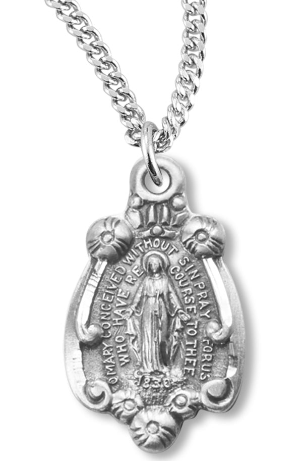 Petite Women's Sterling Silver Miraculous Medal Floral Point  Necklace with Chain Options