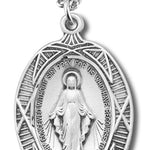 Women's Sterling Silver Oval Miraculous Necklace Fancy Border with Chain Options - 18&quot; 1.8mm Sterling Silver Chain + Clasp