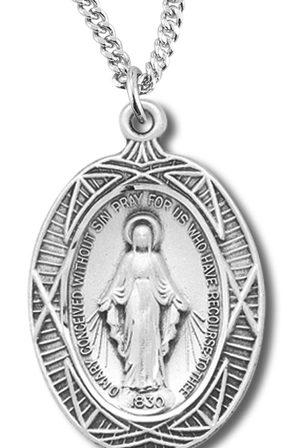 Women's Sterling Silver Oval Miraculous Necklace Fancy Border with Chain Options - 18&quot; 1.8mm Sterling Silver Chain + Clasp