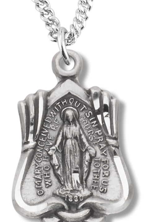 Women's Sterling Silver Uniquely Shaped Miraculous Necklace with Chain Options - 18&quot; 1.8mm Sterling Silver Chain + Clasp