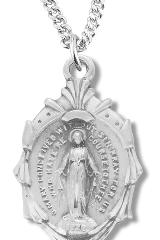 Women's Sterling Silver Miraculous Center Necklace Edged Border with Chain Options