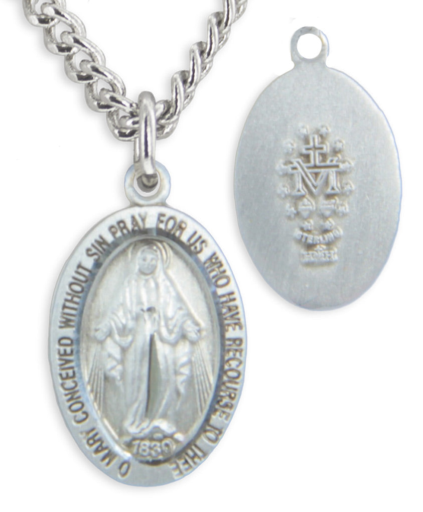Child Size Sterling Silver Miraculous Pendant + 13 Inch Rhodium Plated Chain &amp; Clasp - Sterling Silver