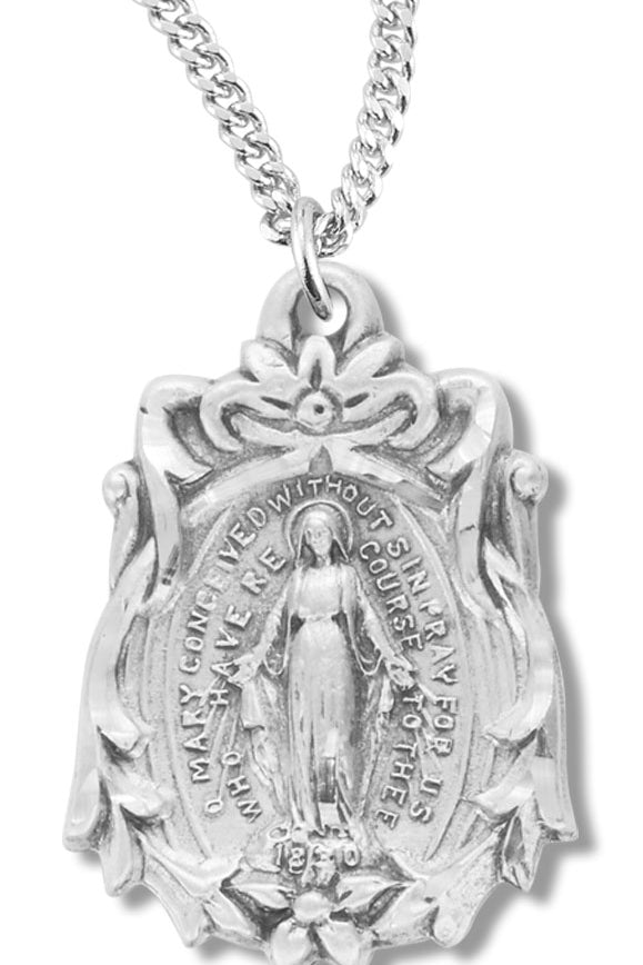 Girl's Sterling Silver Miraculous Necklace with Flowered Border with Chain - Sterling Silver