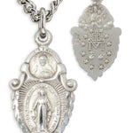 Women's Sterling Silved Sacred Heart &amp; Miraculous Pendant with Chain Options - 18&quot; 1.8mm Sterling Silver Chain + Clasp