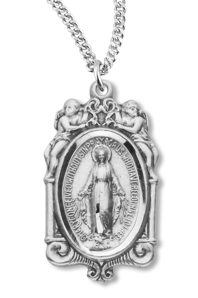 Women's Sterling Silver Miraculous Necklace with Angels with Chain Options - 18&quot; 1.8mm Sterling Silver Chain + Clasp