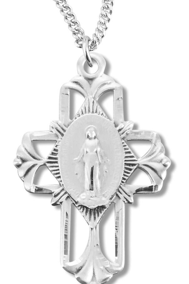 Women's Miraculous Necklace with Pierced Cross, Sterling Silver with Chain Options