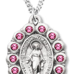 Women's Miraculous Necklace with Pink Stones Oval Sterling Silver with Chain Options - 18&quot; 1.8mm Sterling Silver Chain + Clasp