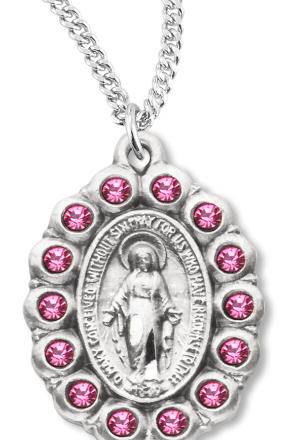 Women's Miraculous Necklace with Pink Stones Oval Sterling Silver with Chain Options - 18&quot; 1.8mm Sterling Silver Chain + Clasp