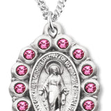 Women's Miraculous Necklace with Pink Stones Oval Sterling Silver with Chain Options