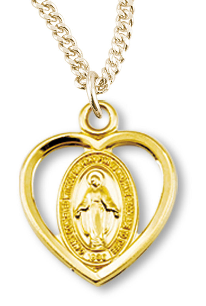 Girl's 14kt Gold Over Sterling Silver Heart Cut Out Miraculous Necklace + 16 Inch Gold Plated Chain &amp; Clasp - Gold-tone