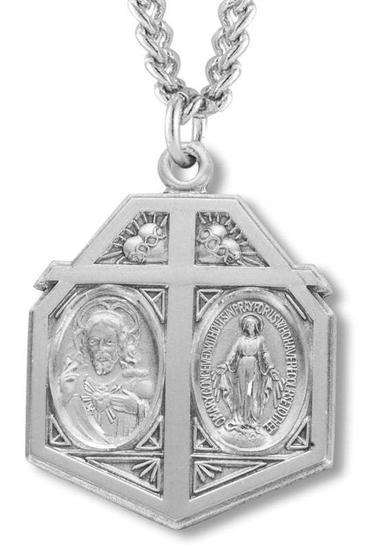 Men's Sterling Silver Miraculous and Sacred Heart Necklace with Chain Options - 24&quot; Sterling Silver Chain + Clasp