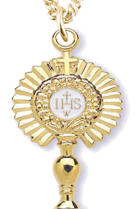 Men's 14kt Gold Over Sterling Silver Large Monstrance Pendant + 24 Inch Gold Plated Endless Chain - Two-Tone