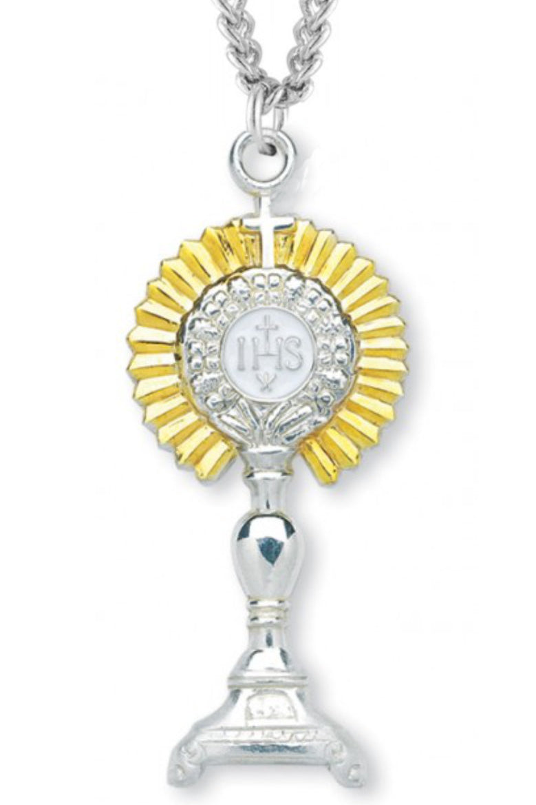 Monstrance Necklace with Goldtone Inlay, Sterling Silver with Chain - Sterling Silver
