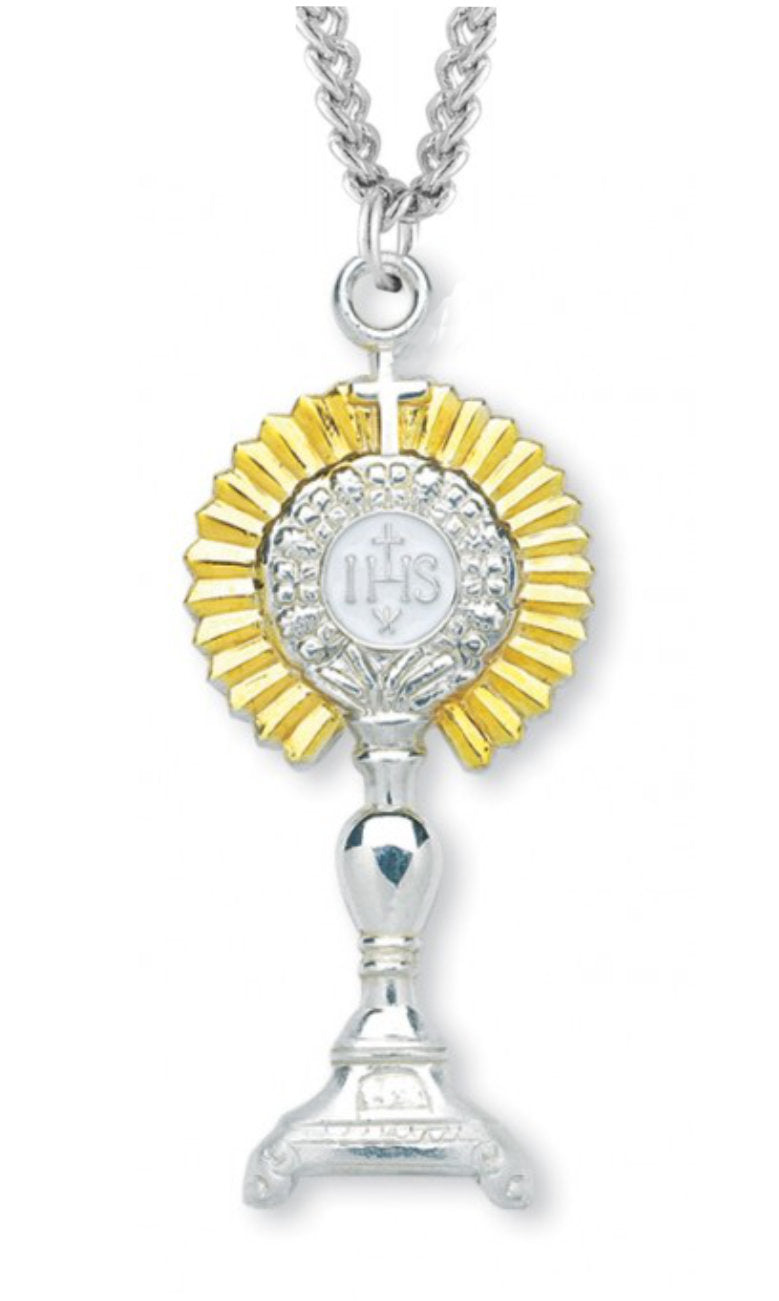 Monstrance Necklace with Goldtone Inlay, Sterling Silver with Chain - Sterling Silver
