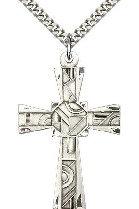 Mosaic Cross Pendant, Sterling Silver - 24&quot; 2.4mm Rhodium Plate Chain + Clasp
