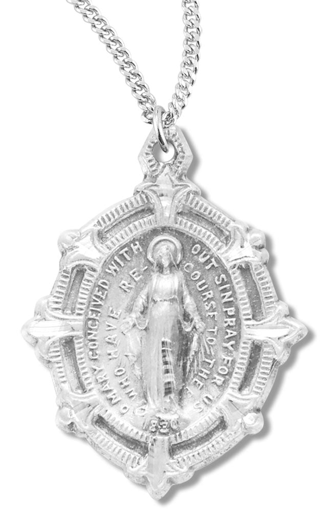 Women's Octagon Shape Miraculous Necklace, Sterling Silver with Chain Options - 18&quot; 1.8mm Sterling Silver Chain + Clasp