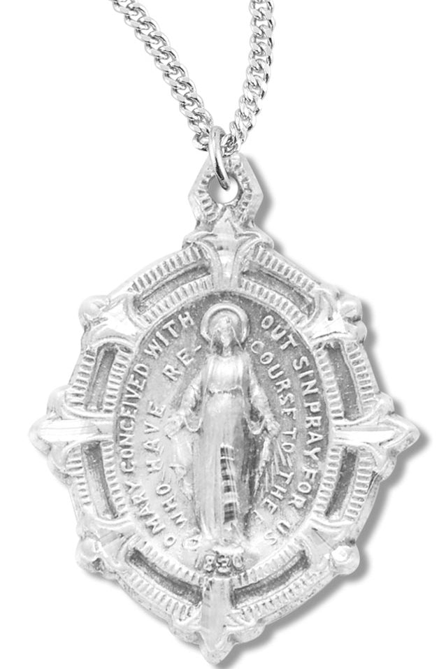 Women's Octagon Shape Miraculous Necklace, Sterling Silver with Chain Options - 18&quot; 1.8mm Sterling Silver Chain + Clasp