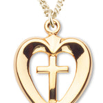 Women's 14kt Gold Plated Cut-out Heart Shape with Cross Center Necklace+ 18 Inch Gold Plated Chain &amp; Clasp - Gold-tone