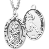 Men's Sterling Silver Saint Christopher Baseball Oval Necklace - 24&quot; Sterling Silver Chain + Clasp