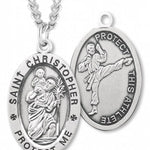 Oval Boy's St. Christopher Martial Arts Necklace With Chain - 24&quot; Sterling Silver Chain + Clasp