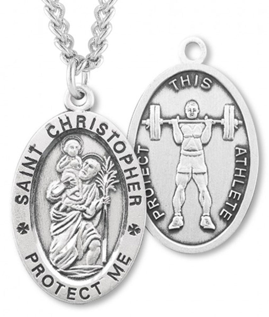 Oval Boy's St. Christopher Weight Lifting Necklace With Chain