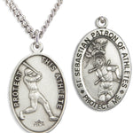 Oval Men's St. Sebastian Baseball Necklace With Chain - 24&quot; Sterling Silver Chain + Clasp