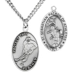 Oval Men's St. Sebastian Ice Hockey Necklace With Chain - 24&quot; Sterling Silver Chain + Clasp
