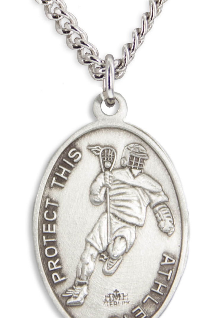 Oval Men's St. Sebastian Lacrosse Necklace With Chain - 24&quot; Sterling Silver Chain + Clasp