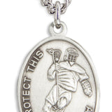 Oval Men's St. Sebastian Lacrosse Necklace With Chain - 24&quot; Sterling Silver Chain + Clasp