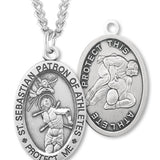 Oval Men's St. Sebastian Wrestling Necklace With Chain - 24&quot; Sterling Silver Chain + Clasp