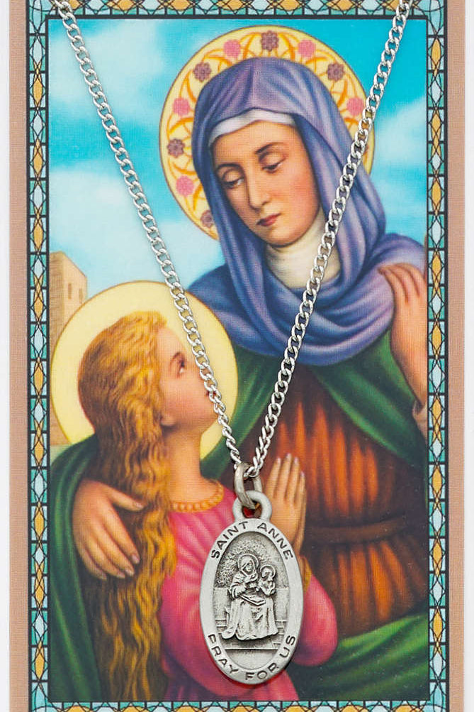 Oval St. Anne Medal with Prayer Card  - Silver tone