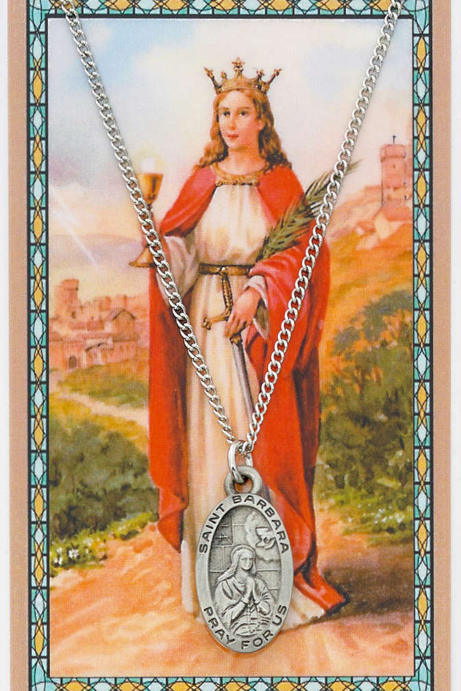 Oval St. Barbara Pewter Medal with Prayer Card - Silver tone