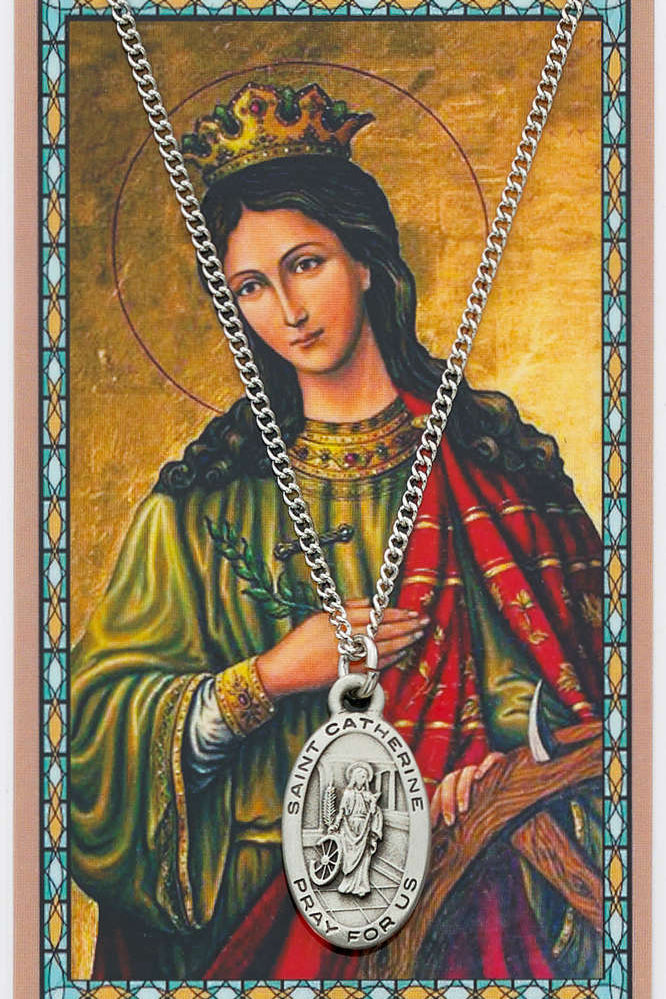Oval St. Catherine of Alexandria Medal with Prayer Card - Silver tone