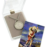 Pewter Round Saint Christopher Pendant with Prayer Card - 24&quot; 2.4mm Rhodium Plate Chain + Clasp