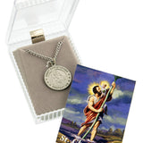 Pewter Round Saint Christopher Pendant with Prayer Card - 24&quot; 2.4mm Rhodium Plate Chain + Clasp