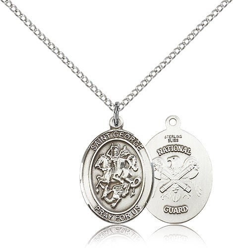 St. George National Guard Medal, Sterling Silver, Large - 18&quot; 1.2mm Sterling Silver Chain + Clasp