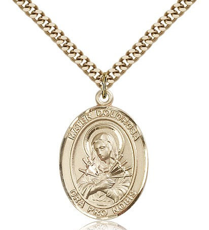 Mater Dolorosa Medal, Gold Filled, Large - 24&quot; 2.4mm Gold Plated Chain + Clasp