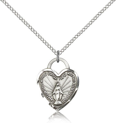Miraculous Heart Medal, Sterling Silver - 18&quot; 1.2mm Sterling Silver Chain + Clasp