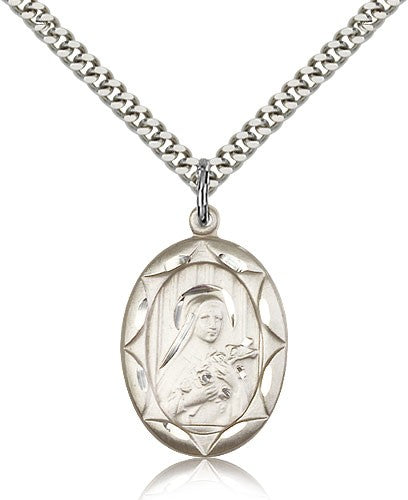 St. Theresa Medal, Sterling Silver - 24&quot; 2.4mm Rhodium Plate Endless Chain