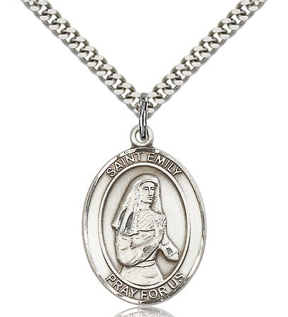 St. Emily De Vialar Medal, Sterling Silver, Large - 24&quot; 2.4mm Rhodium Plate Chain + Clasp