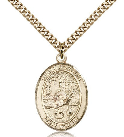 St. Rosalia Medal, Gold Filled, Large - 24&quot; 2.4mm Gold Plated Chain + Clasp