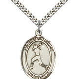 St. Sebastian Softball Medal, Sterling Silver, Large - 24&quot; 2.4mm Rhodium Plate Chain + Clasp